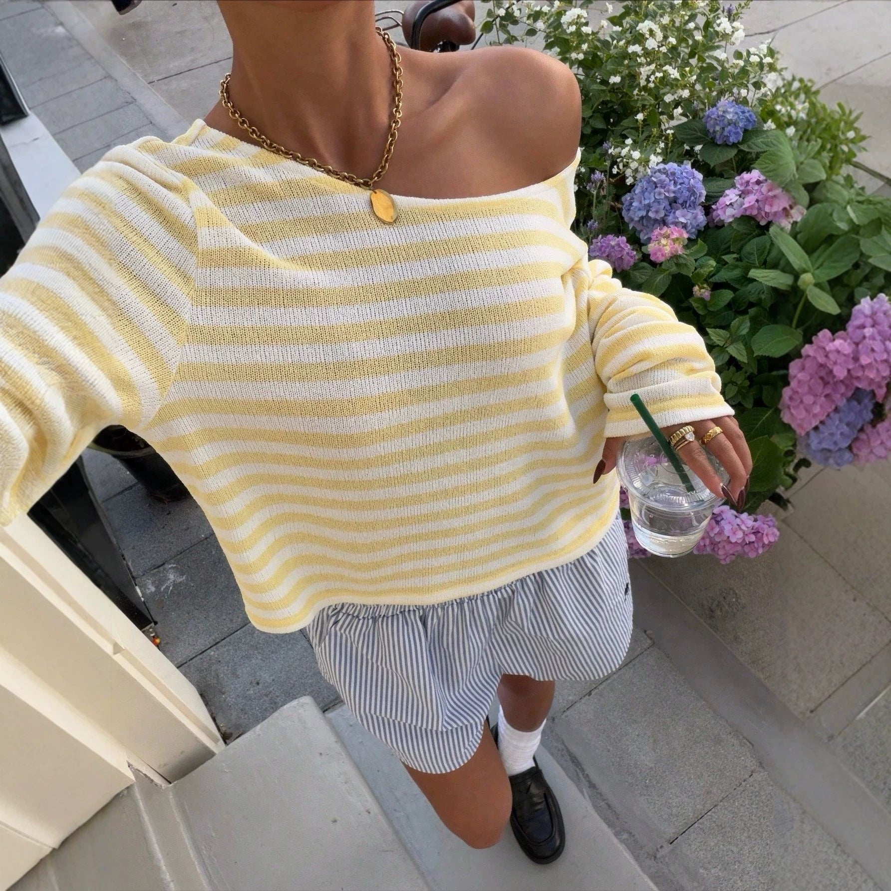 Casual Short-length Striped Knit Top With Long Sleeve