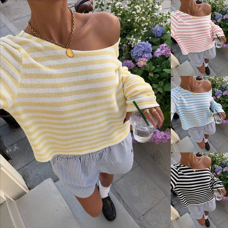 Casual Short-length Striped Knit Top With Long Sleeve