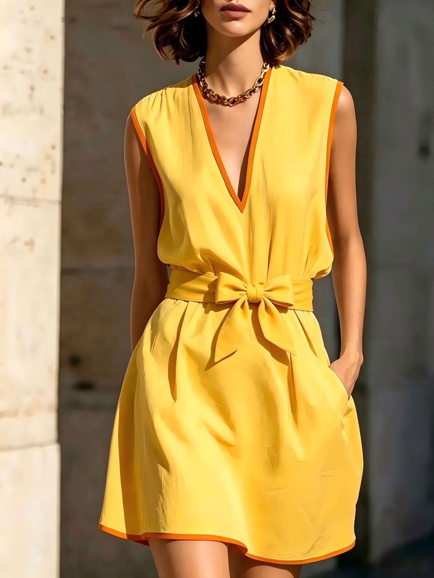 Sleeveless V-neck Waist-cinching Lace-up Dress For Women