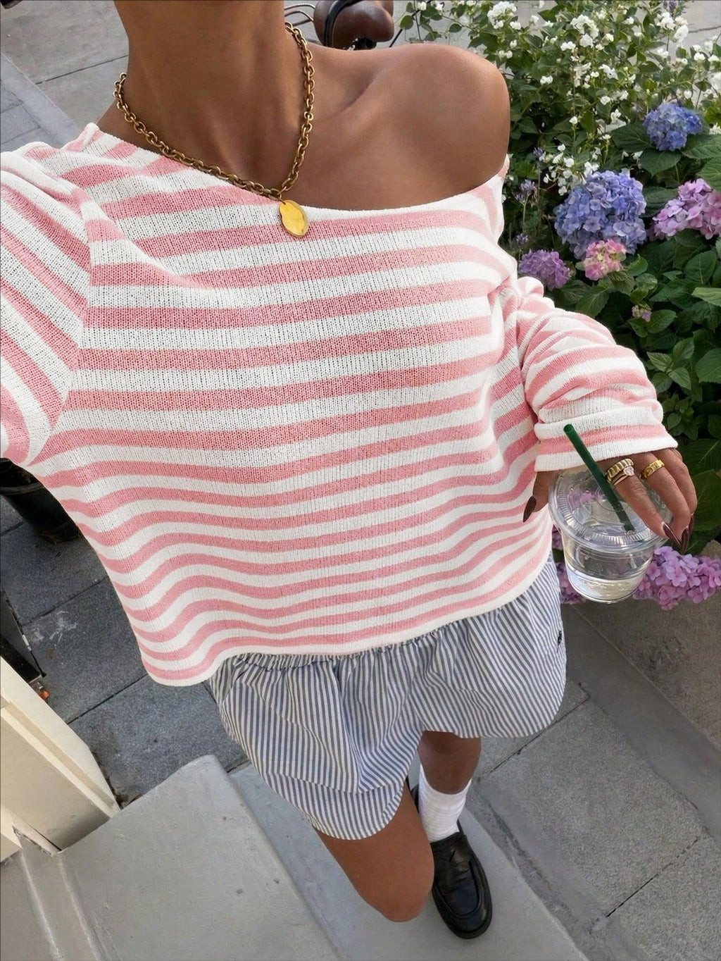 Casual Short-length Striped Knit Top With Long Sleeve