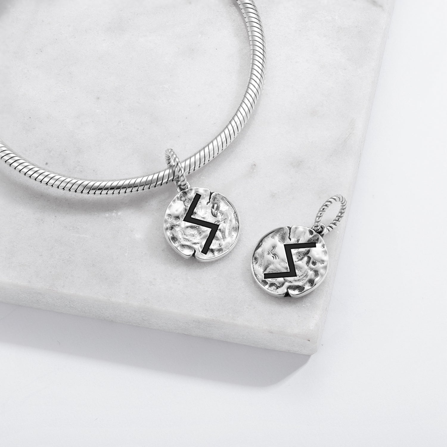 Norse Runes Symbol 925 Sterling Silver Hand Textured Dangle Charm For Charm Bracelets
