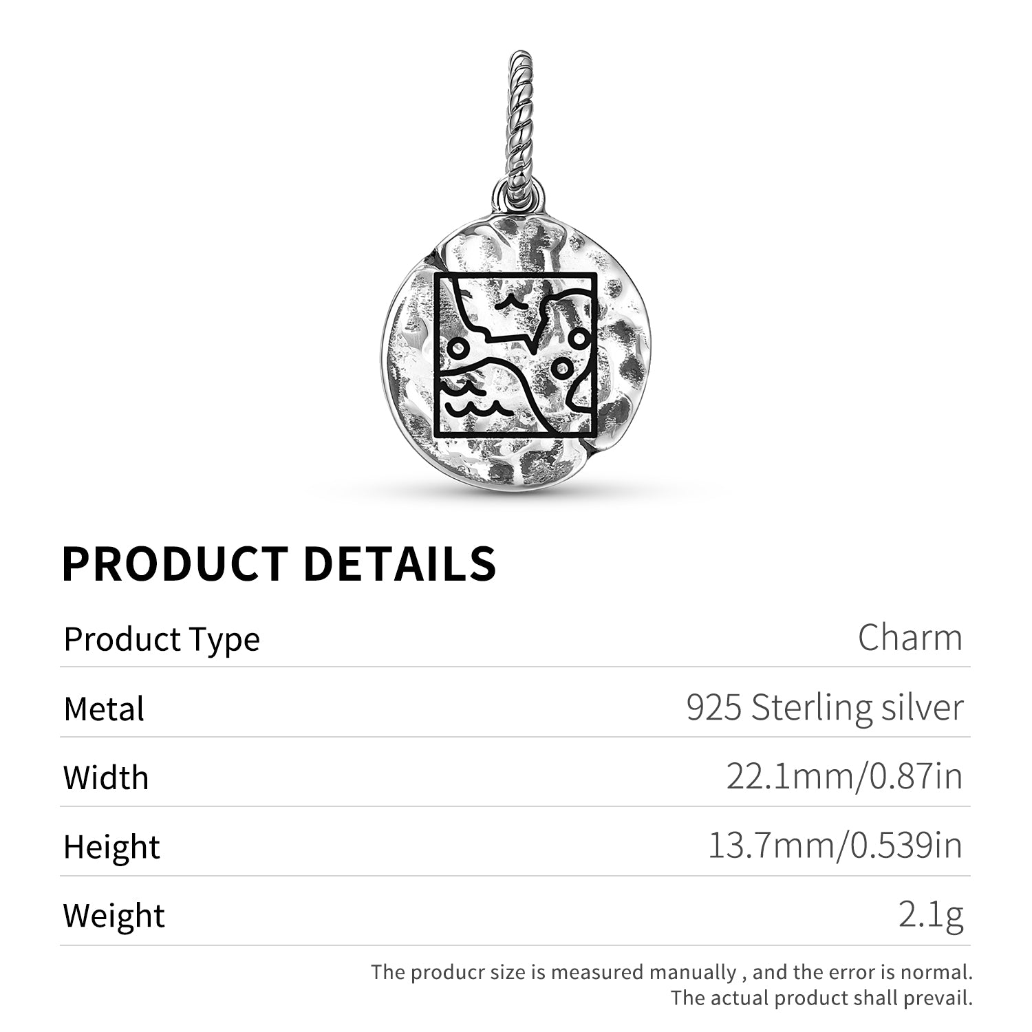 Mayan Mayan World Symbol 925 Sterling Silver Hand Textured Dangle Charm For Charm Bracelets