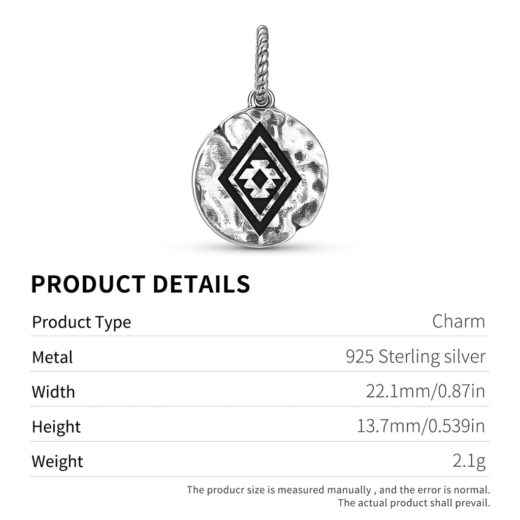 Mapuche Anümka Symbol 925 Sterling Silver Hand Textured Dangle Charm For Charm Bracelets