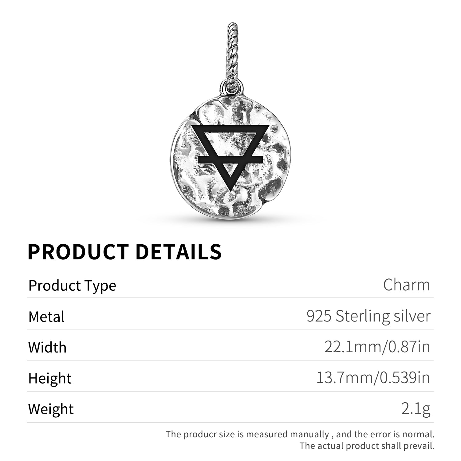 Alchemy Earth Symbol 925 Sterling Silver Hand Textured Dangle Charm For Charm Bracelets
