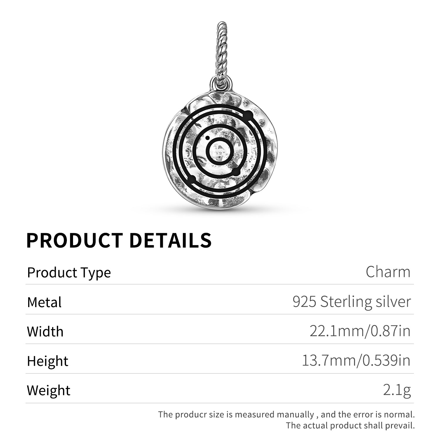 Crop Circles Nine Planets Symbol 925 Sterling Silver Hand Textured Dangle Charm For Charm Bracelets