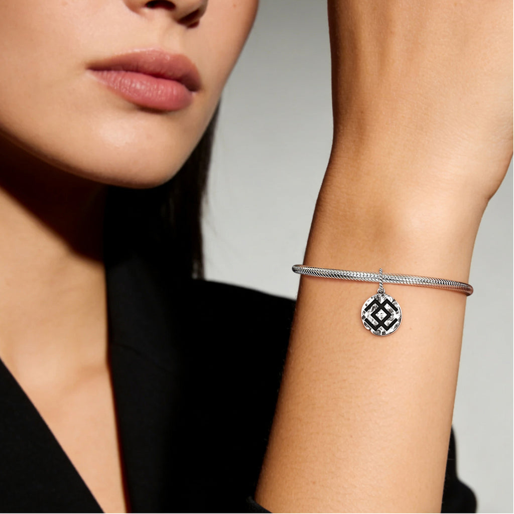 Latvian Krupitis Symbol 925 Sterling Silver Hand Textured Dangle Charm For Charm Bracelets