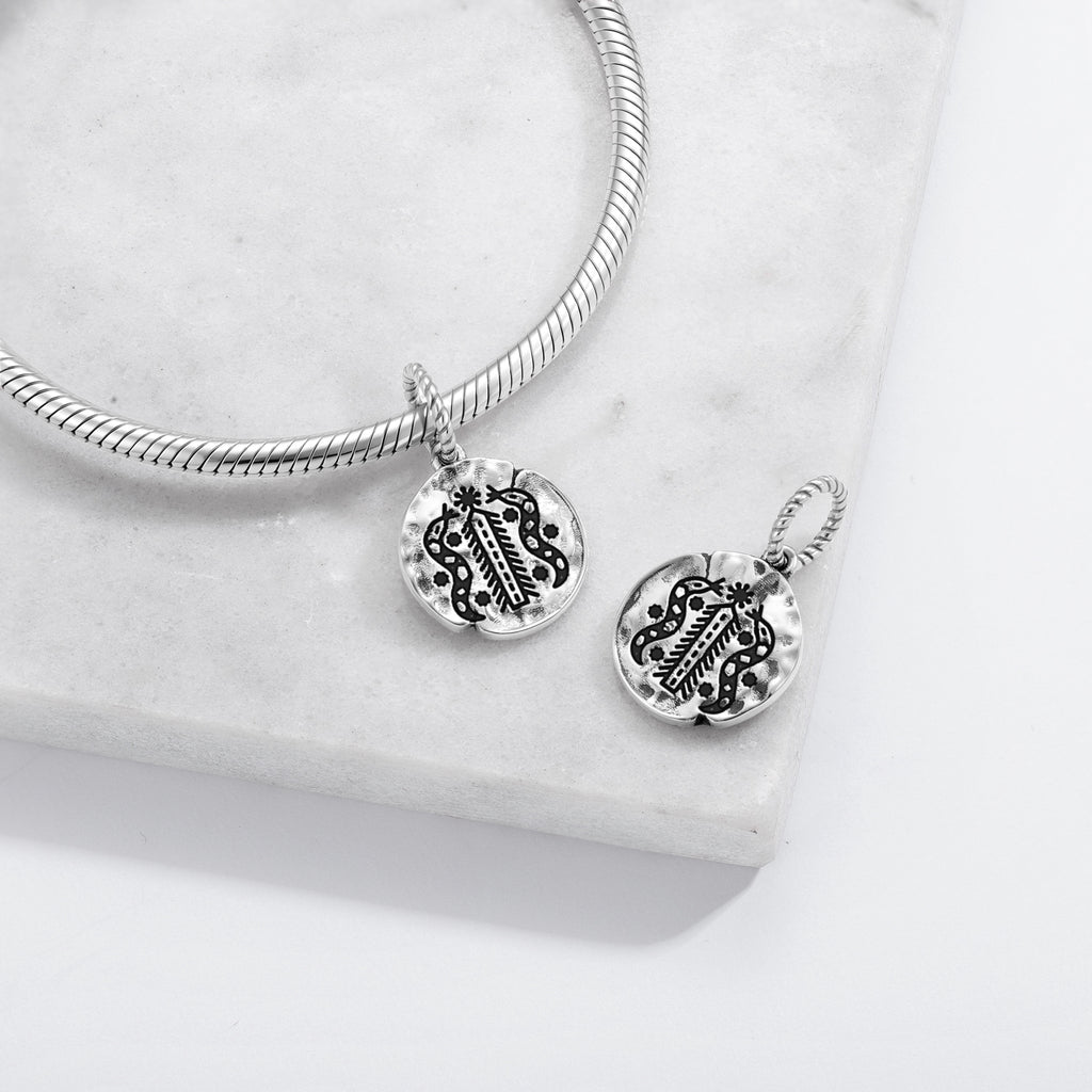 Central America Damballa Symbol 925 Sterling Silver Hand Textured Dangle Charm For Charm Bracelets