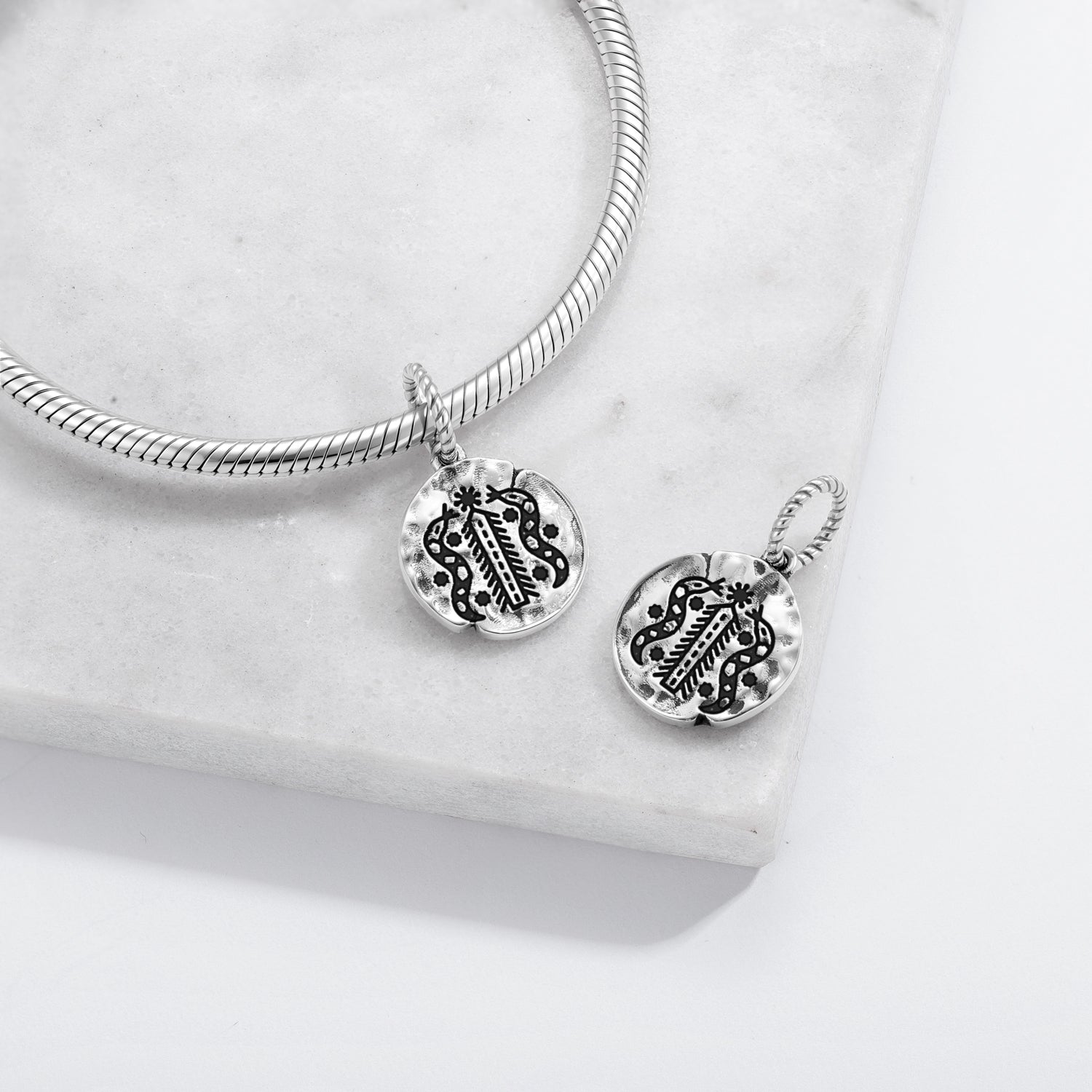 Central America Damballa Symbol 925 Sterling Silver Hand Textured Dangle Charm For Charm Bracelets