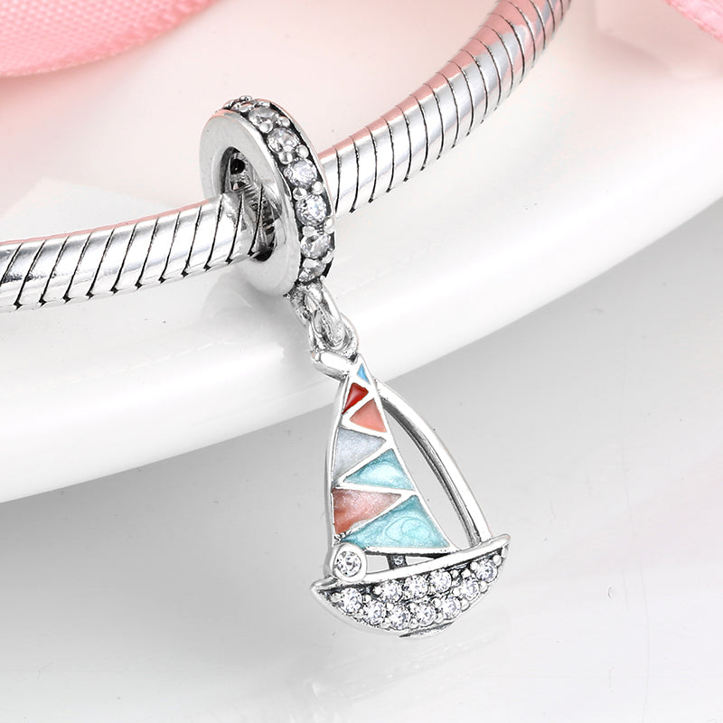 S925 Sterling Silver Colorful Enamel Sailboat Dangle Charm With Sparkling Pendant Bead For DIY Charm Bracelet Necklace Jewelry Gift
