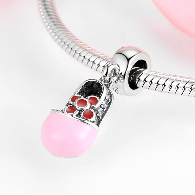 S925 Sterling Silver Big Head Shoes Dangle Charm Pink Enamel Red Flower Pendant Bead For DIY Charm Bracelet Necklace Jewelry Gift