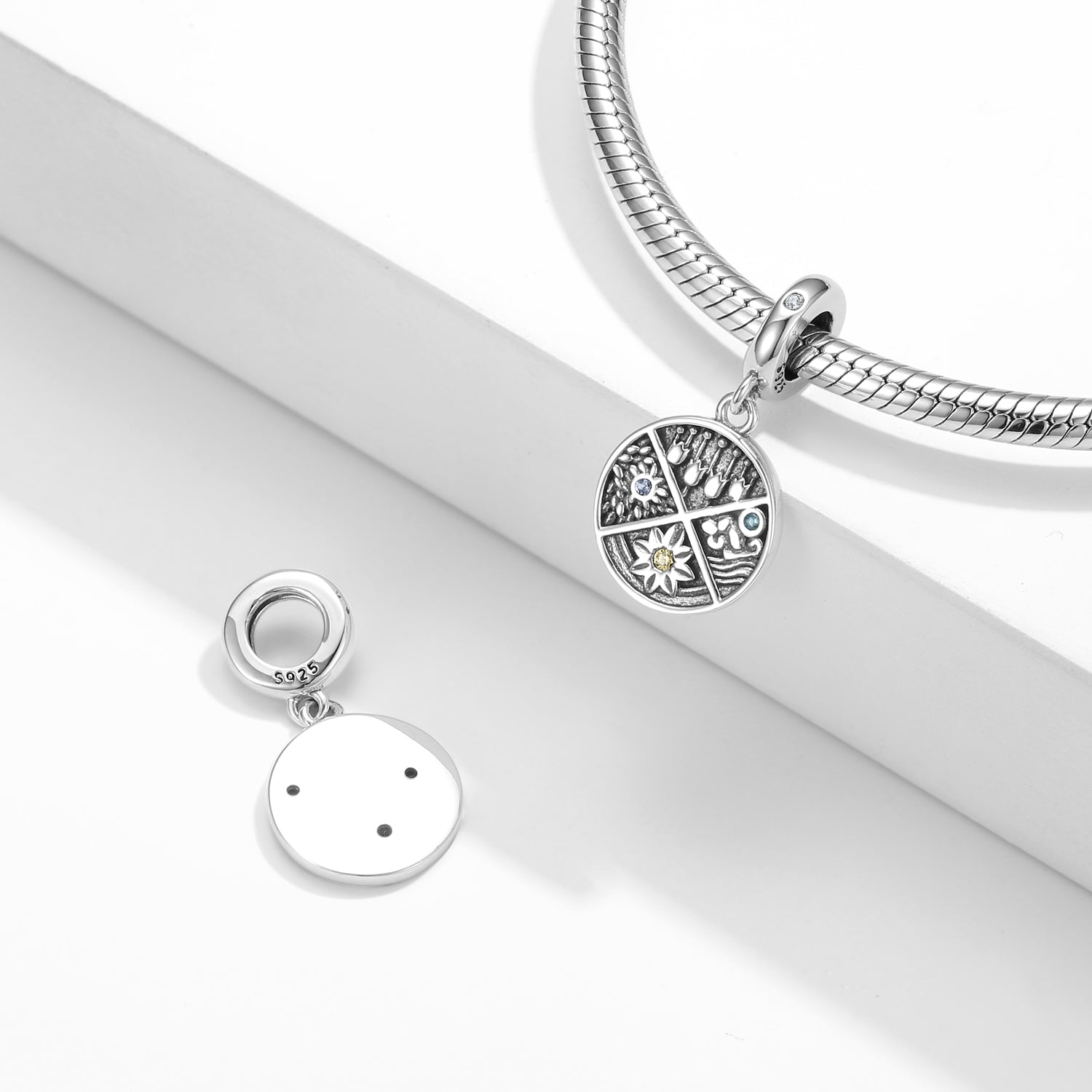 S925 Sterling Silver Flower Engraved Pendant, DIY Bracelet Necklace Jewelry