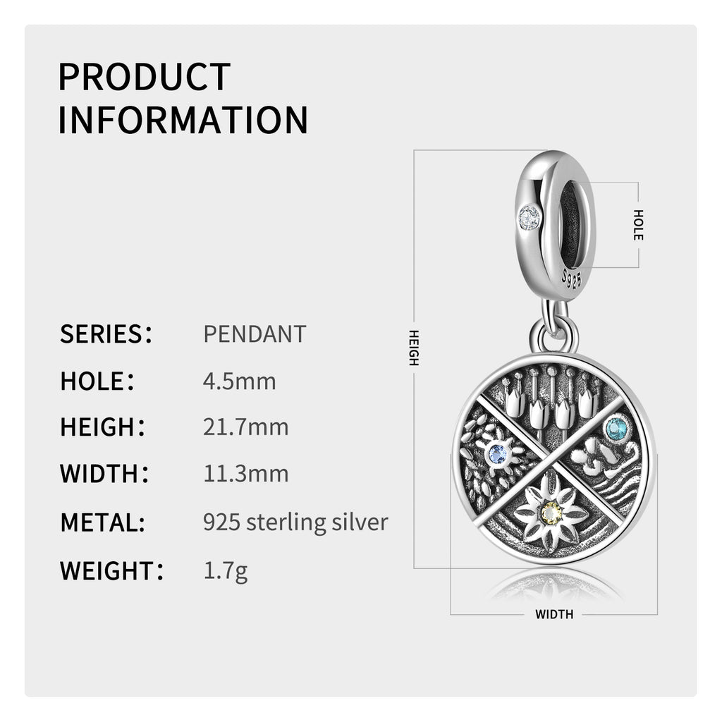 S925 Sterling Silver Flower Engraved Pendant, DIY Bracelet Necklace Jewelry
