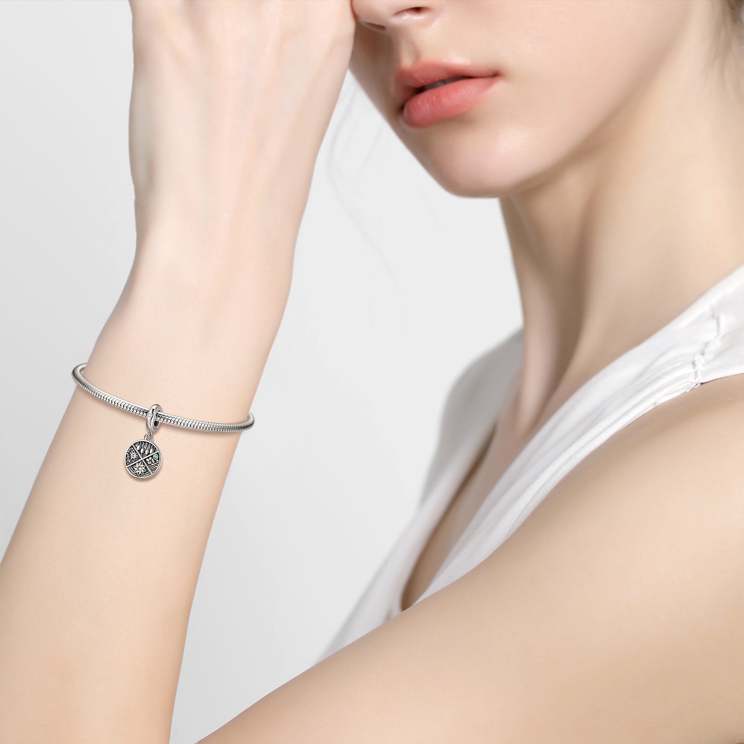 S925 Sterling Silver Flower Engraved Pendant, DIY Bracelet Necklace Jewelry