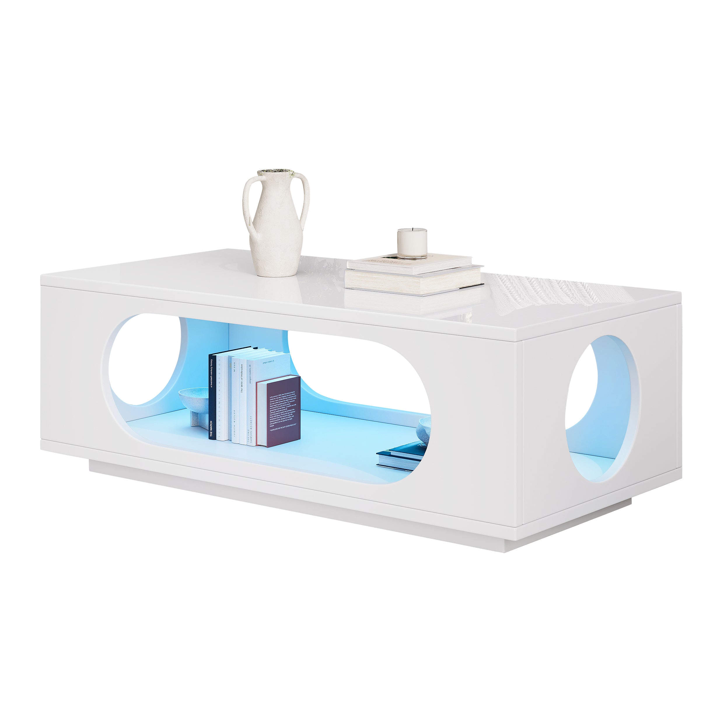 Coffee Table With LED Lighting  App Control , 100x50x35cm, MDF Material, 30kg Load Capacity,High Gloss Openwork Coffee Table,Large Storage Side Table,Sofa Table,White