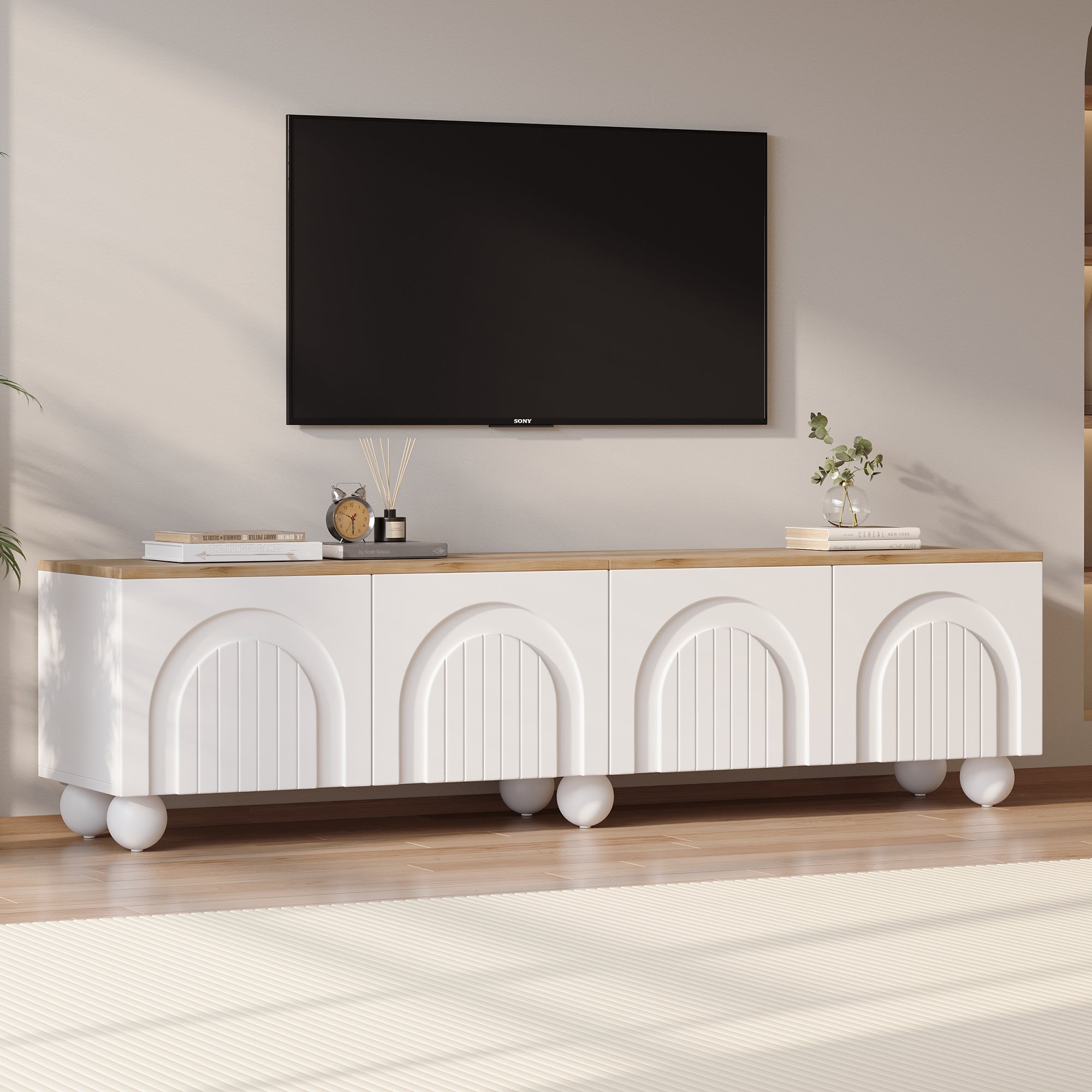 180x40x45cm TV Cabinet With 4 Cabinets,TV Stand And TV Cabinet With 6 Ball Base Metal Legs, Lowboard And TV Stand,TV Board And TV Dresser Suitable For TVs Around 80 Inches, Wood Color White