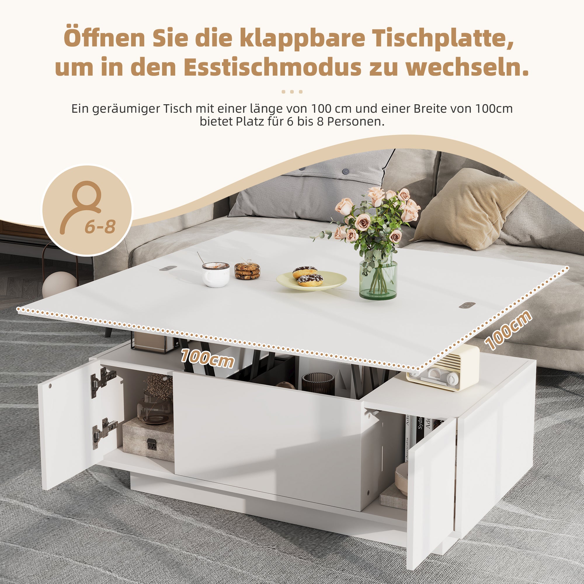 Modern Coffee Table With Double Lifting Mechanism, Hidden Storage Space - Loadable Up To 50 Kg