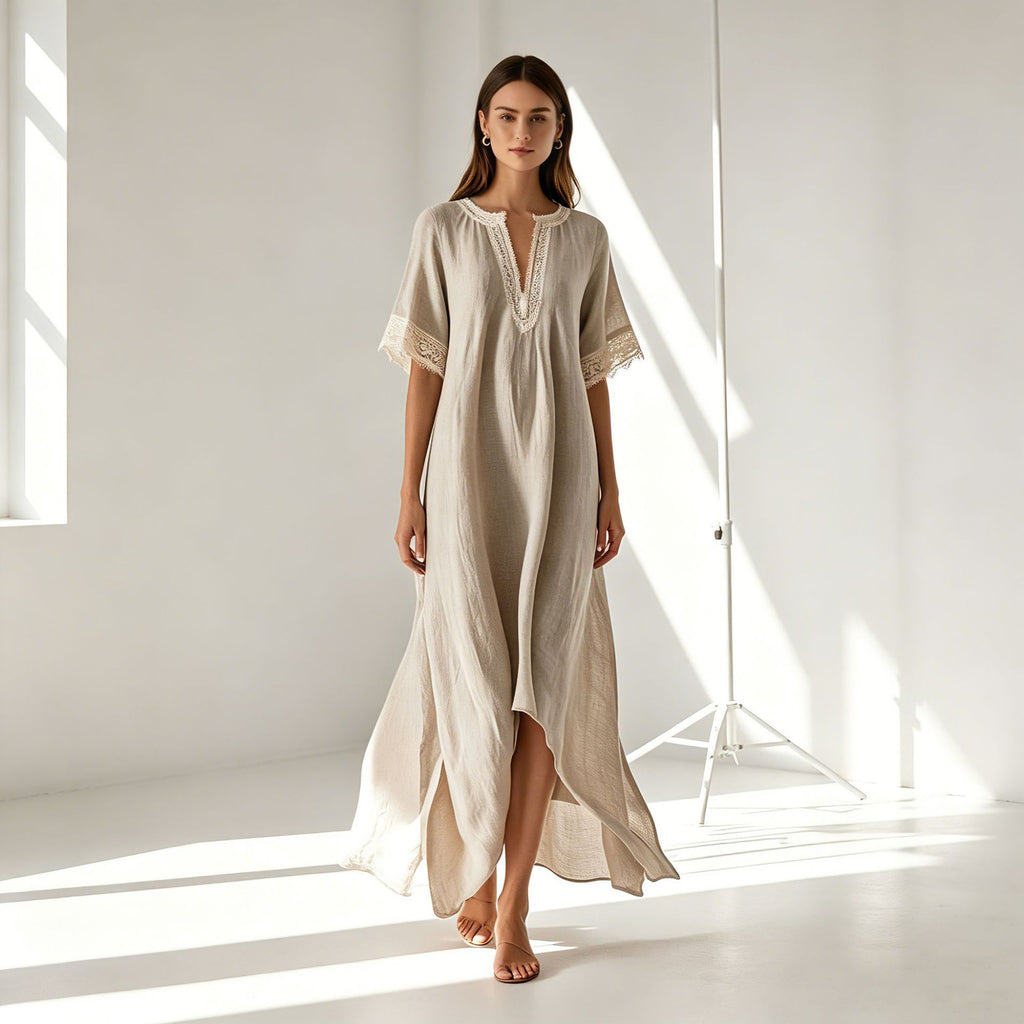 V-neck Short-sleeve Slit Bohemian Resort Dress