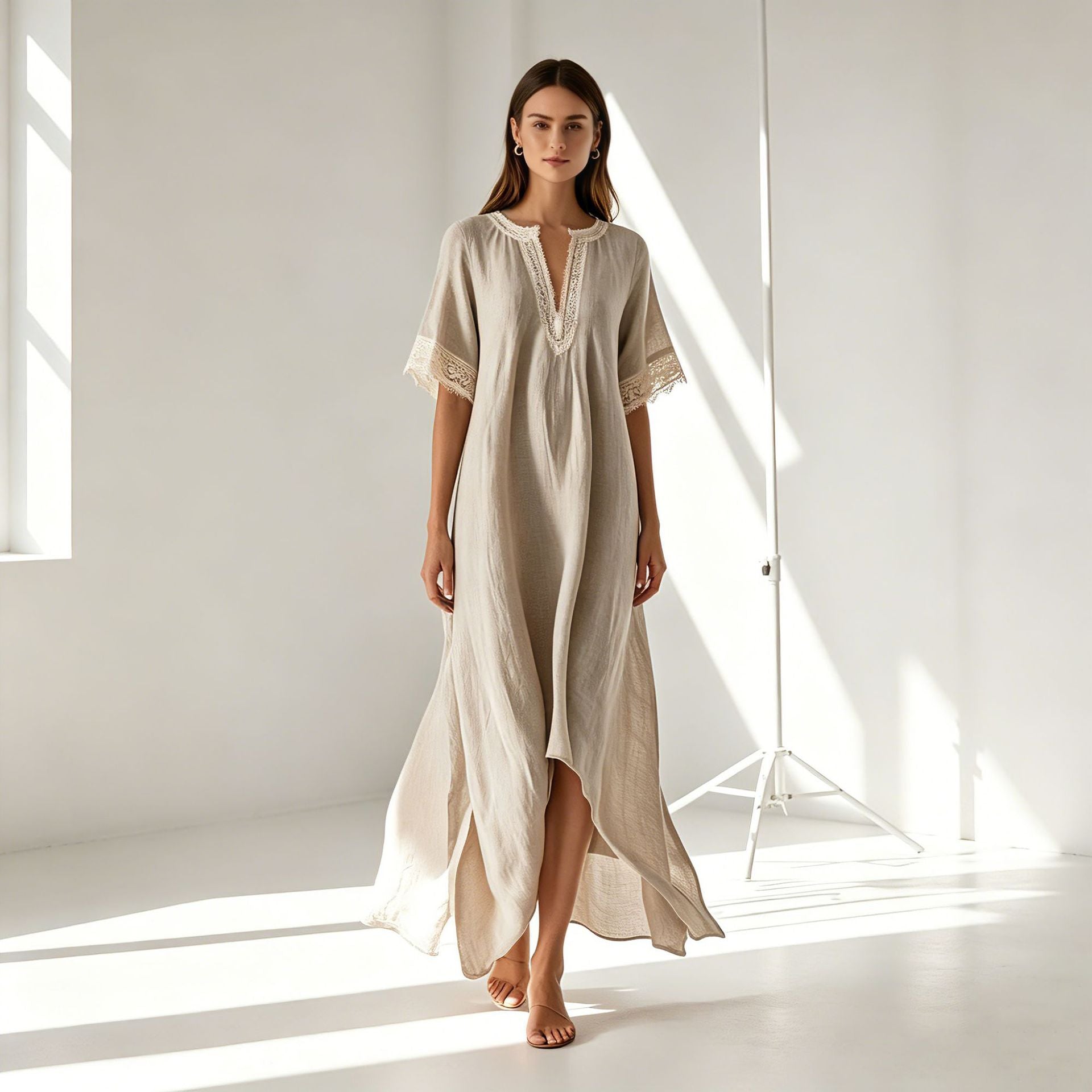 V-neck Short-sleeve Slit Bohemian Resort Dress