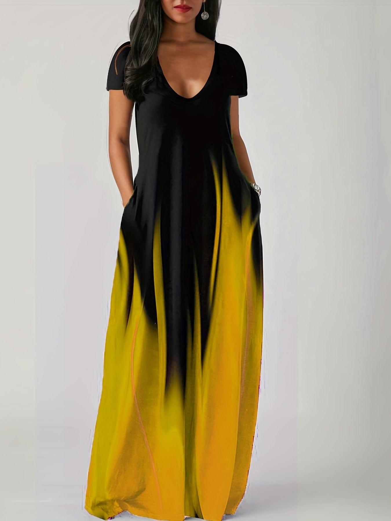 Women's Ombre Gradient Short Sleeve Maxi Dress With Pockets Casual V-Neck Loose Fit Long Dress For Summer