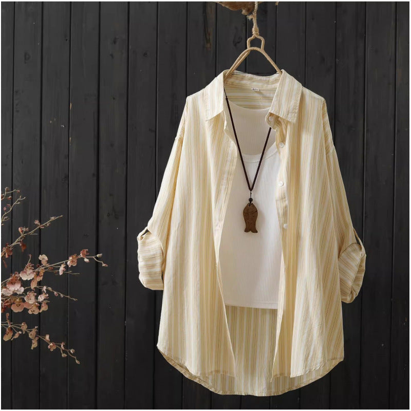 Womens Artsy Mid-length Striped Long-sleeve Shirt