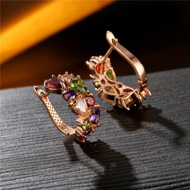 Summer Colorful Teardrop Cubic Zirconia Huggie Earrings, INS Exquisite Versatile Elegant High-End Temperament Fashion Women Ear Buckle Jewelry