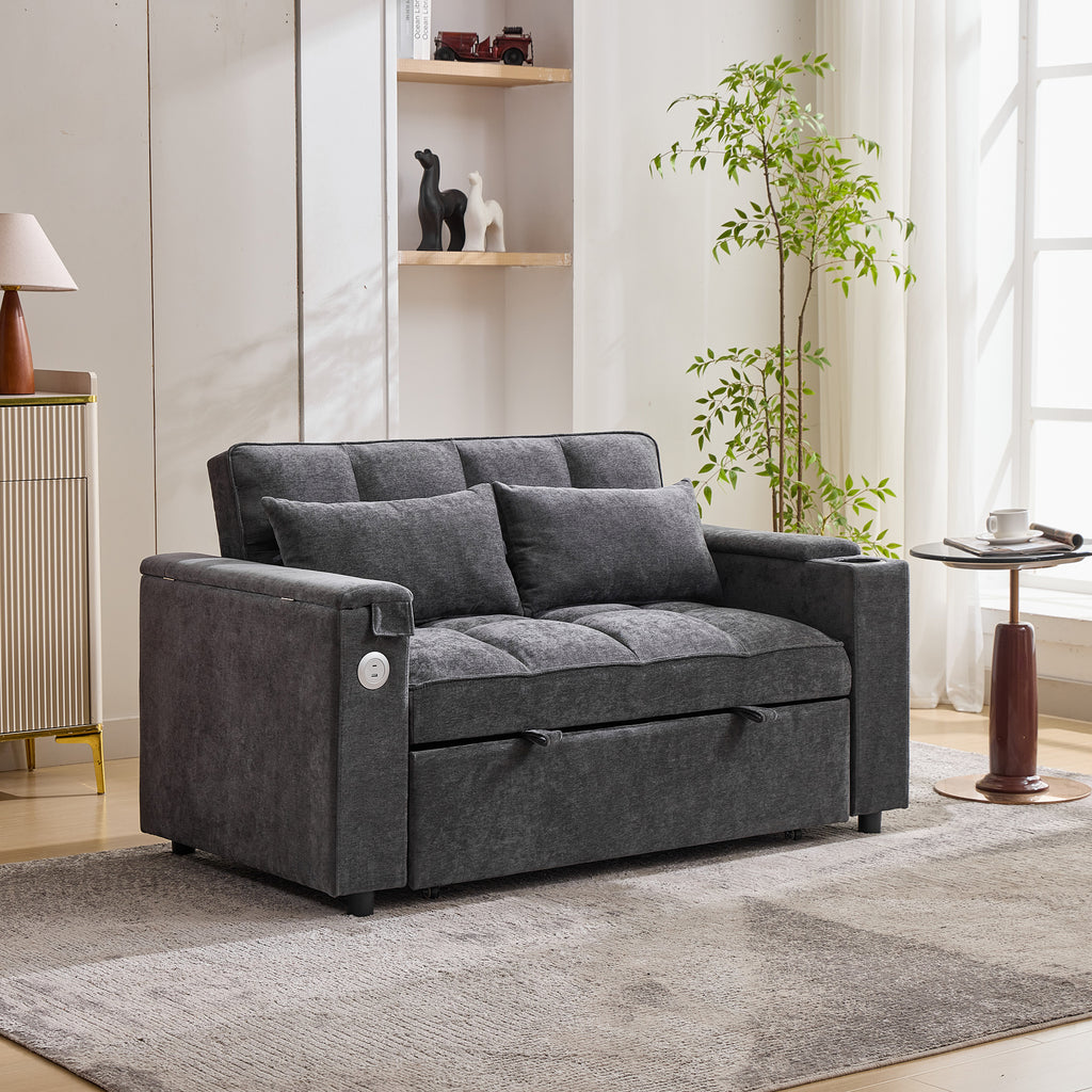 140.5x74x82cm Sofa Bed 3-in-1 Pull-Out Sofa, With Adjustable Backrest, USB Port, 2-Seater Sofa Lounge Sofa Daybed Foldable Pull-Out,Equipped With Hidden Table, Cup Holder, Grey