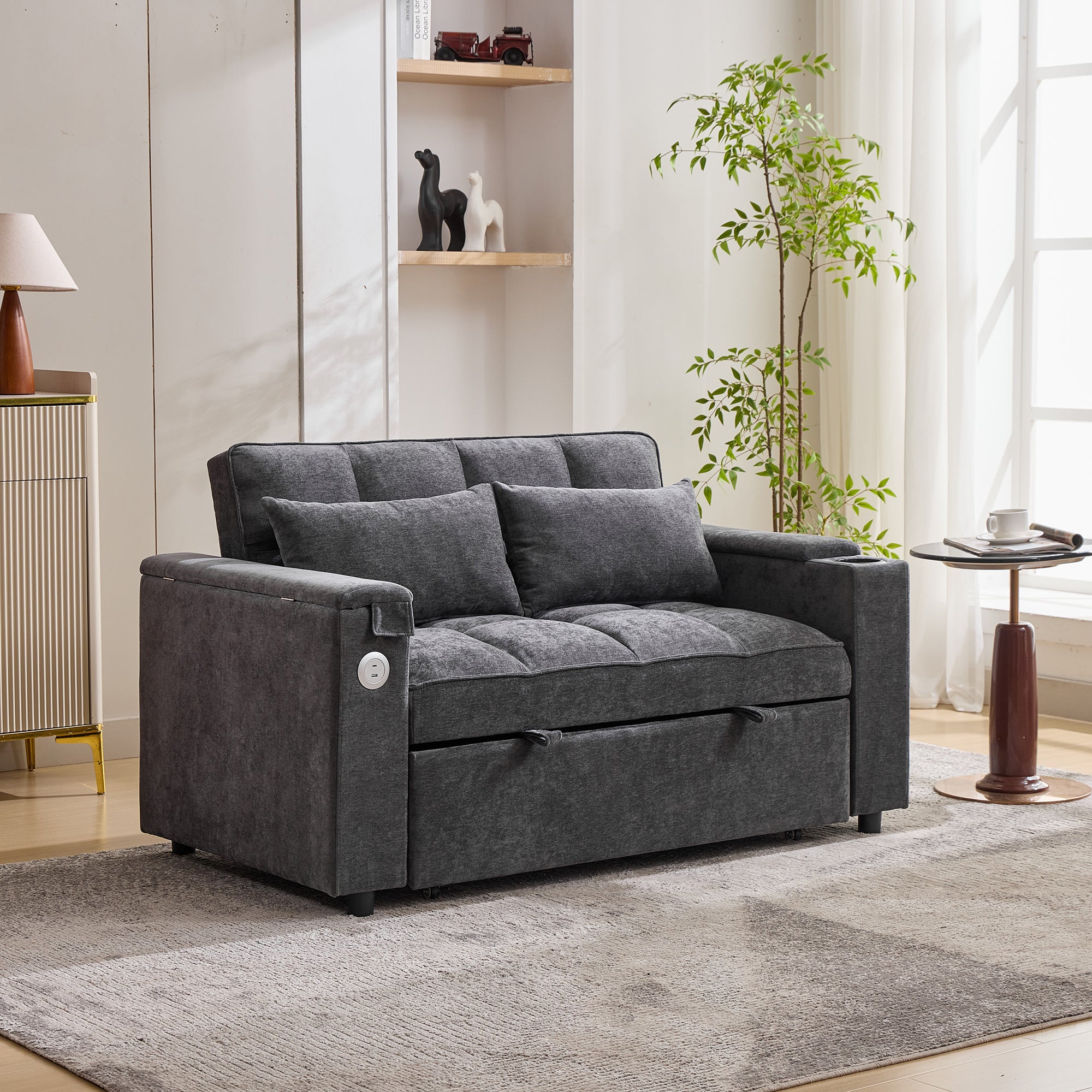 140.5x74x82cm Sofa Bed 3-in-1 Pull-Out Sofa, With Adjustable Backrest, USB Port, 2-Seater Sofa Lounge Sofa Daybed Foldable Pull-Out,Equipped With Hidden Table, Cup Holder, Grey