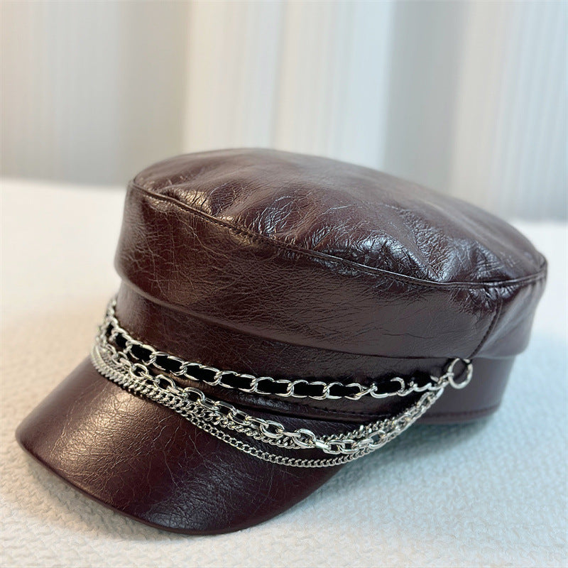 Women's PU Leather Multi-layer Chain Decorated Trendy Style Flat-top Newsboy Hat, Suitable For Daily Commuting, Parties, Gatherings And Outdoor Outings.