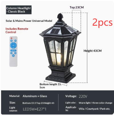 Pillar-top Solar-powered Outdoor Waterproof Lamp For Courtyards