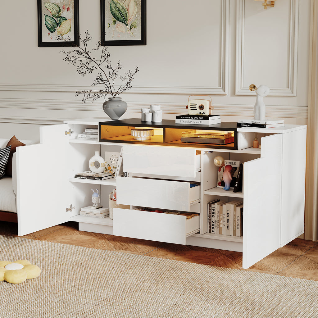 140X40X68cm Living Room Sideboard With 2 L-Shaped Doors,Living Room Cabinet With Adjustable Dividers And LED Lights,High Gloss Cabinet With 3 Drawers,Chest Of Drawers,White-Black