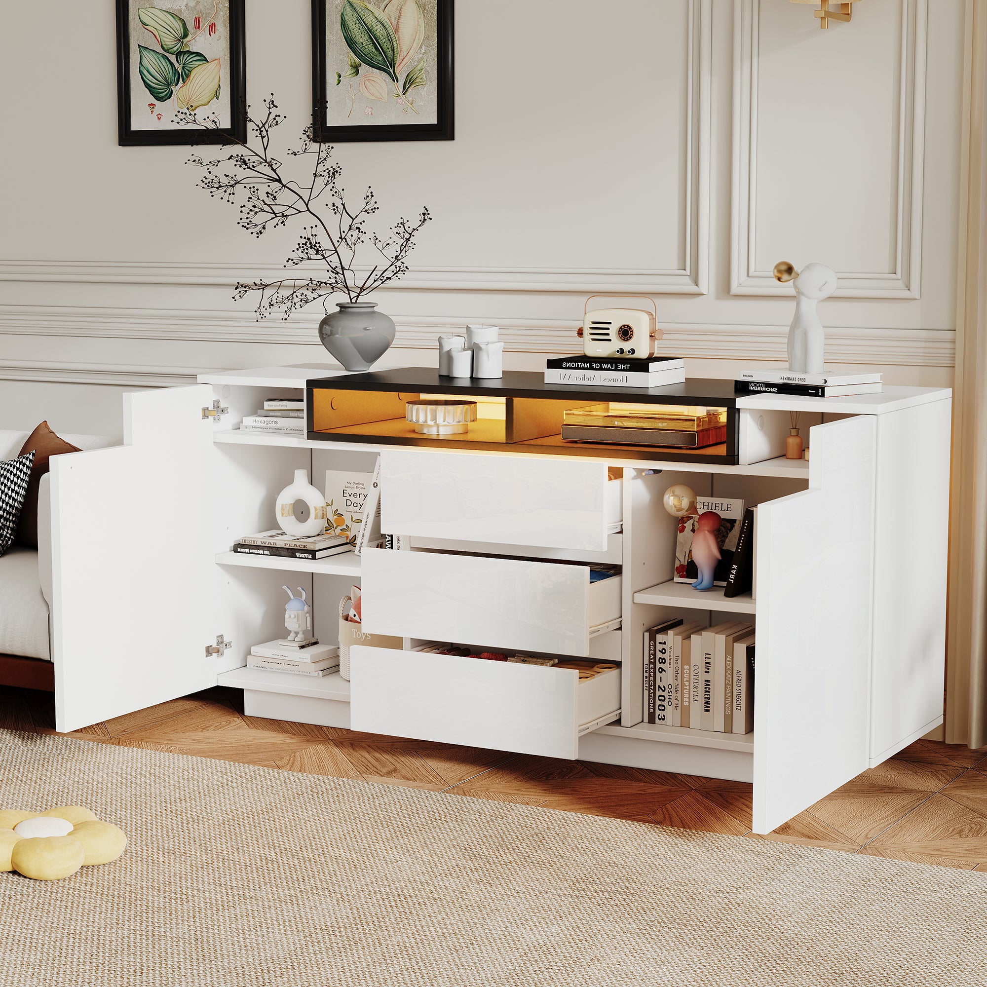 140X40X68cm Living Room Sideboard With 2 L-Shaped Doors,Living Room Cabinet With Adjustable Dividers And LED Lights,High Gloss Cabinet With 3 Drawers,Chest Of Drawers,White-Black