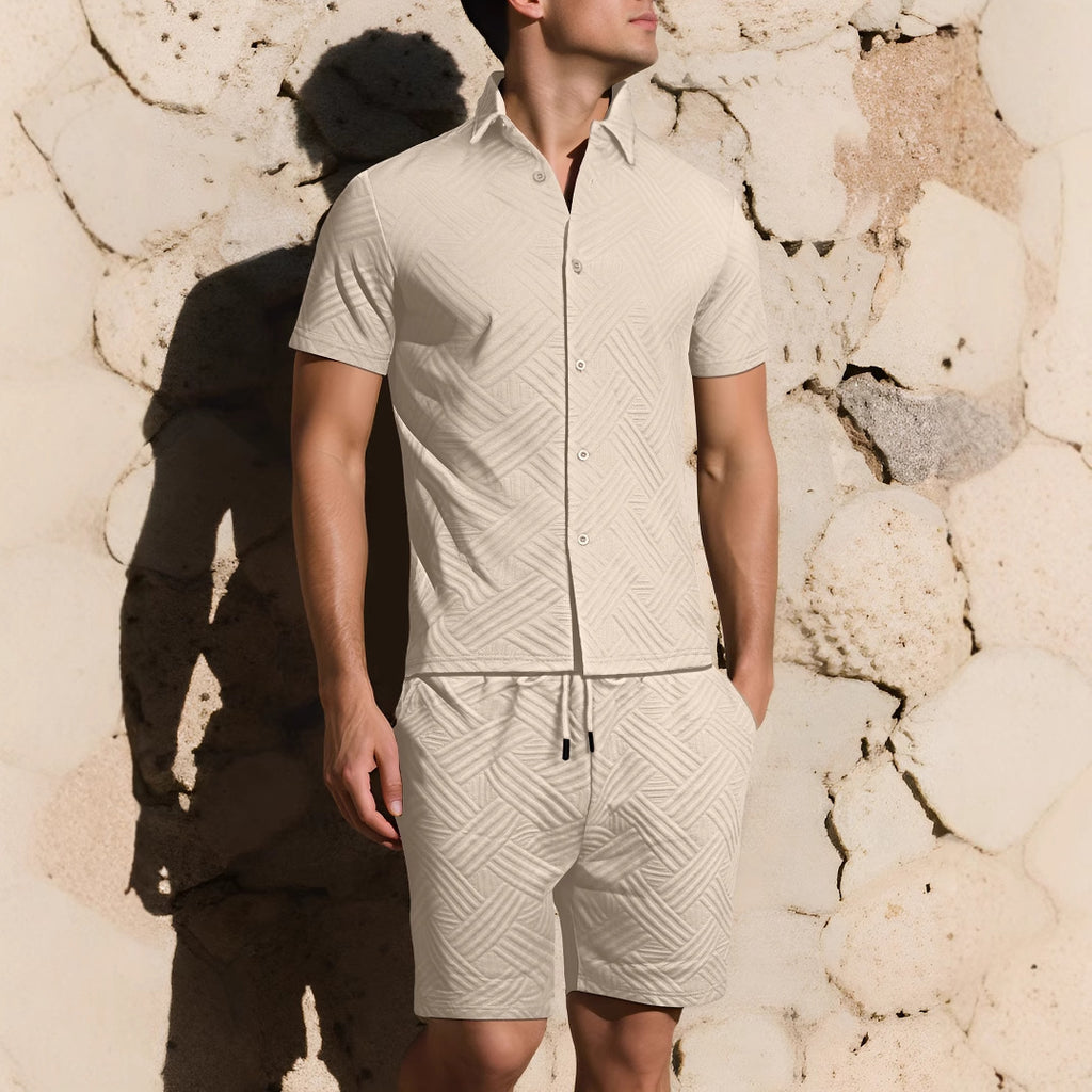 Mens Solid-Color Jacquard Shirt Casual Two-Piece Set