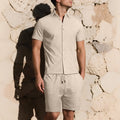Mens Solid-Color Jacquard Shirt Casual Two-Piece Set