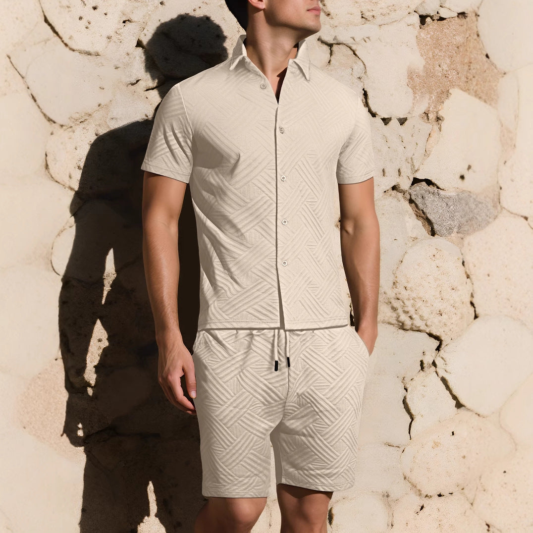 Mens Solid-Color Jacquard Shirt Casual Two-Piece Set