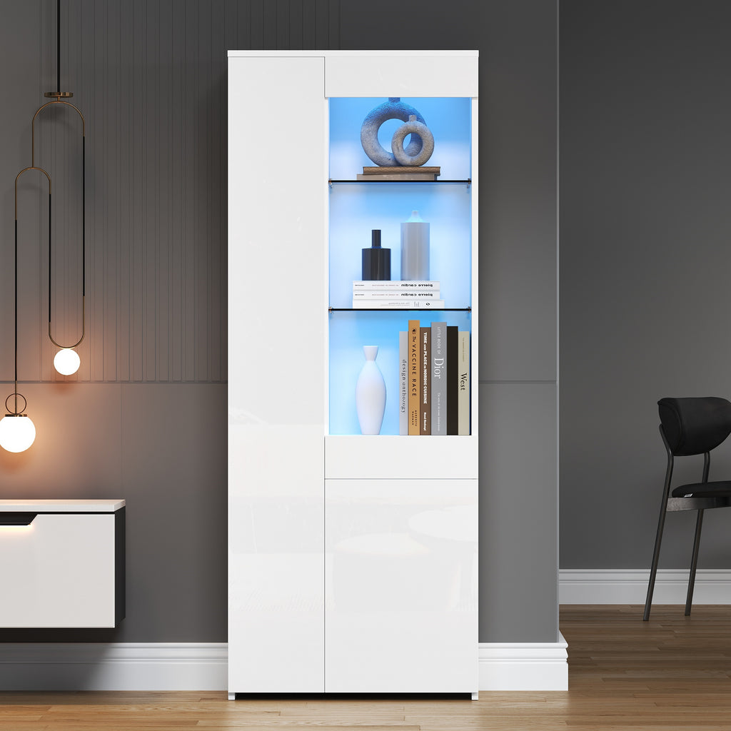 70x35x180cm Display Cabinet With Drawers, Display Case High Gloss, Glass Display Case With LED Lighting, Tall Cabinet, Highboard With Cabinet, Standing Display Case, Partition Wall Storage,