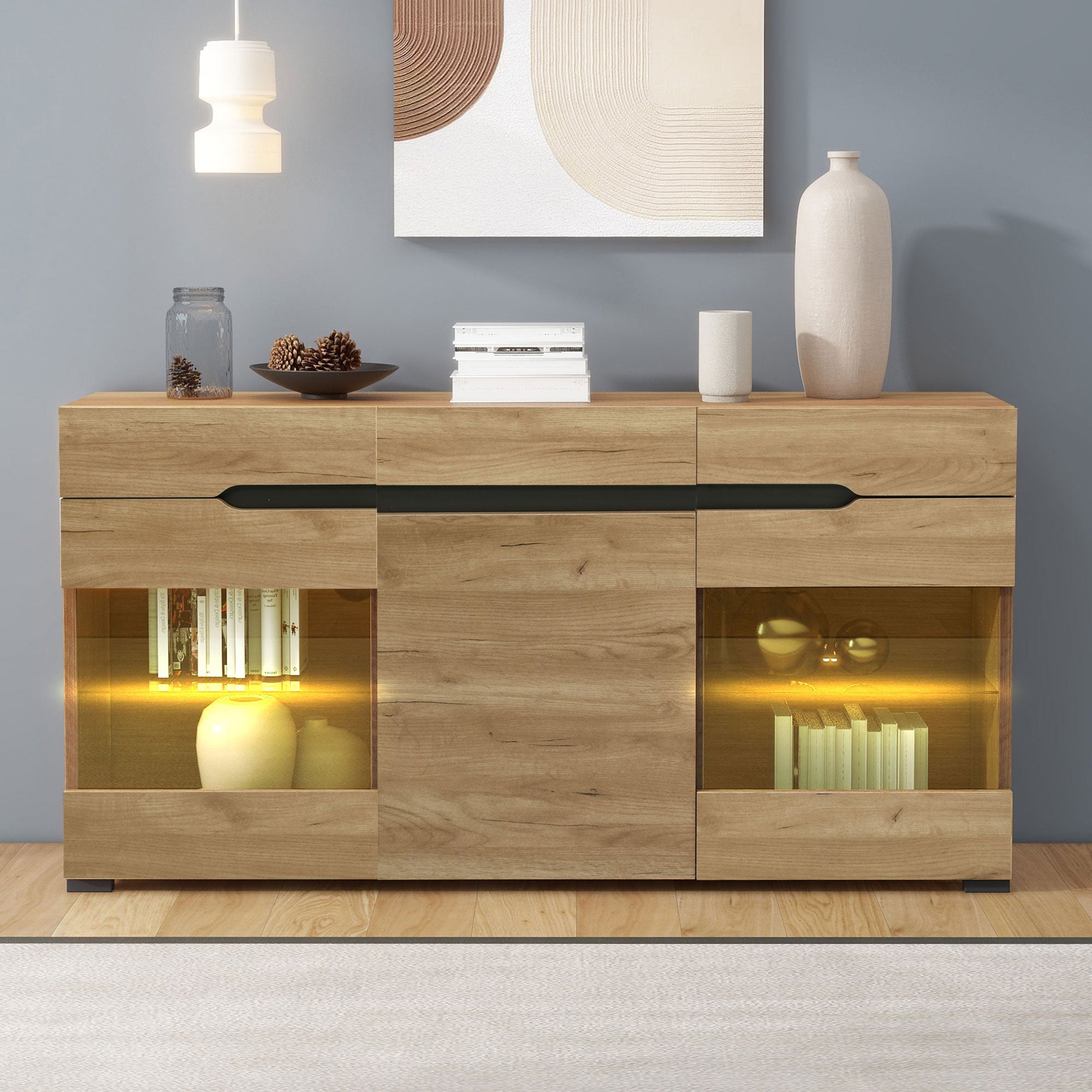 LED Sideboard Cabinet Modern Living Room Credenza Furniture 3 Doors 3 Drawers Modern Dresser With Plenty Of Storage For Your Living Area