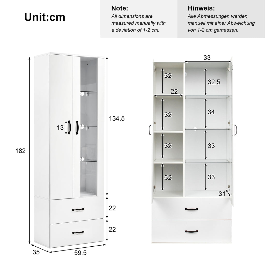 LED Lighted Display Cabinet, 2 Doors, Standing Display Case With Transparent Door, Freestanding Display Case White LED Display Cabinet Living Room Wall LED Display Case LED Cabinet Buffet Cabinet