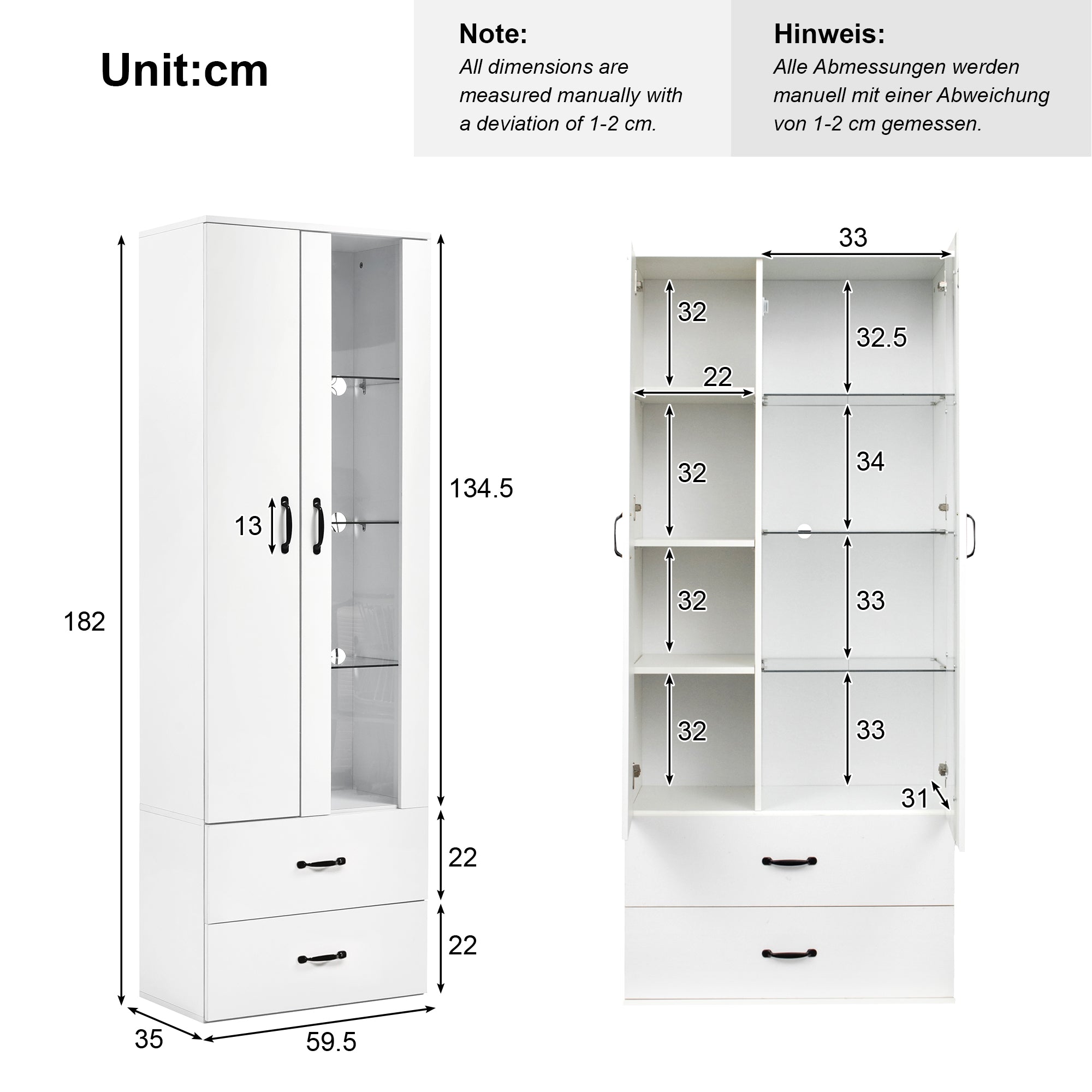 LED Lighted Display Cabinet, 2 Doors, Standing Display Case With Transparent Door, Freestanding Display Case White LED Display Cabinet Living Room Wall LED Display Case LED Cabinet Buffet Cabinet
