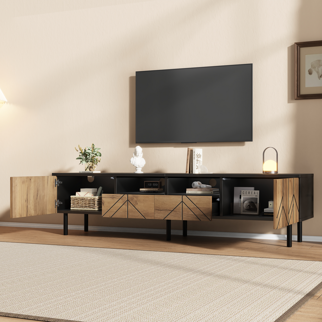 TV Cabinet 180x40x45 Cm With Drawers & Doors, Modern Lowboard Made Of Chipboard, TV Stand For Living Room, Load Capacity Up To 75kg, Black-wood Look