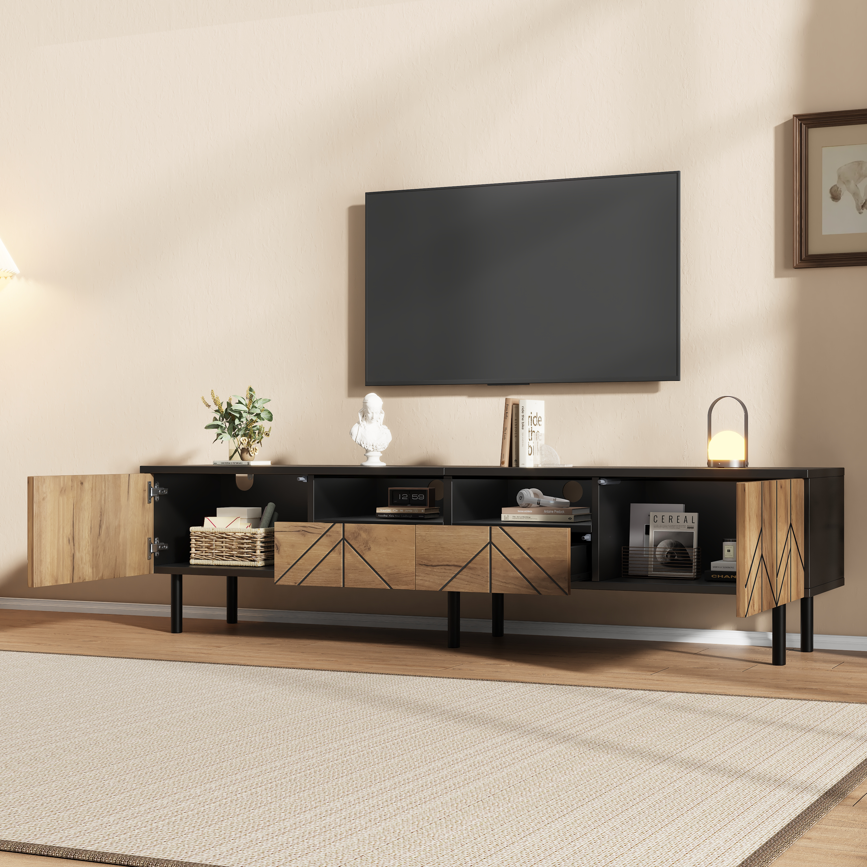 TV Cabinet 180x40x45 Cm With Drawers & Doors, Modern Lowboard Made Of Chipboard, TV Stand For Living Room, Load Capacity Up To 75kg, Black-wood Look