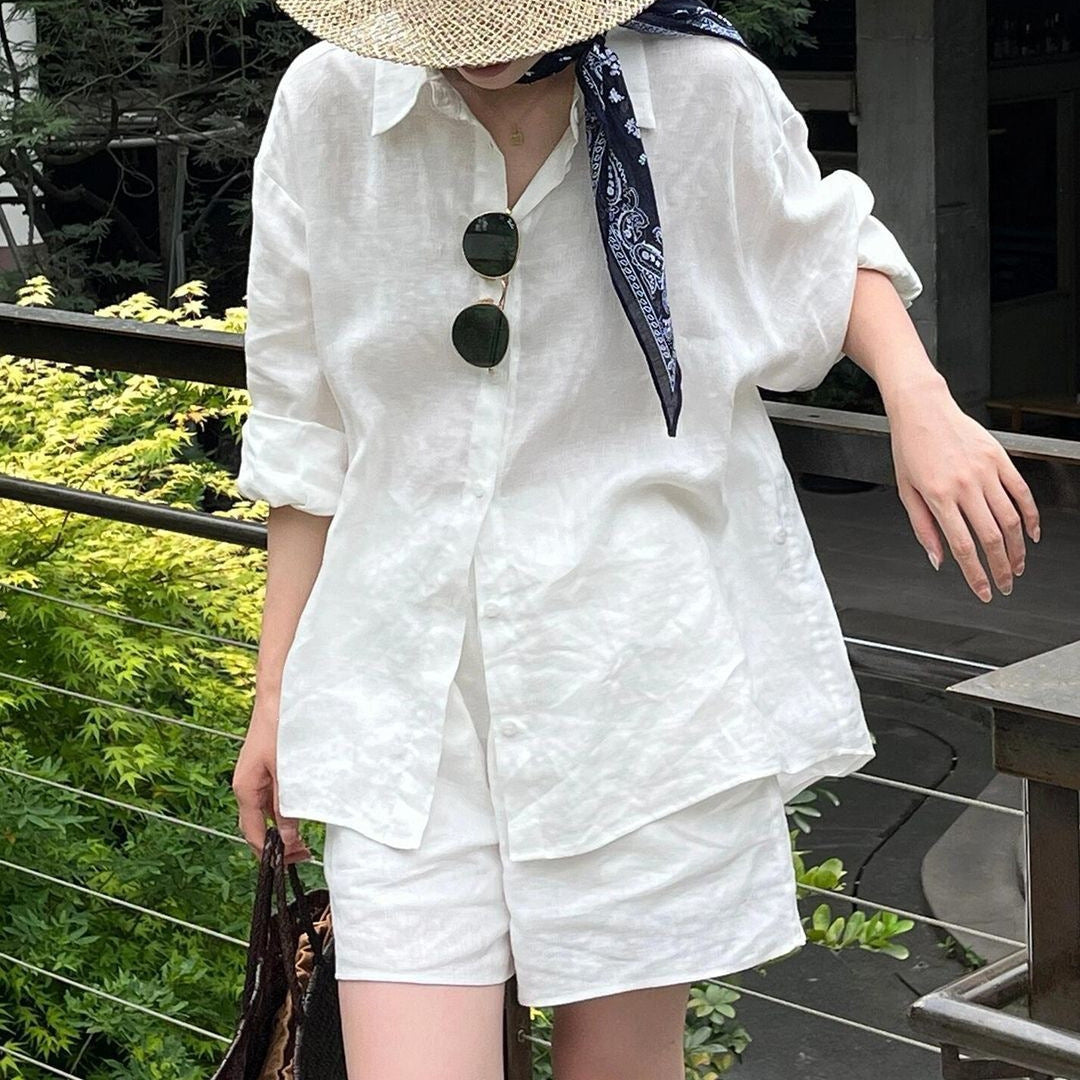Loose-fitting, Minimalist Cotton-linen Top And Shorts Set
