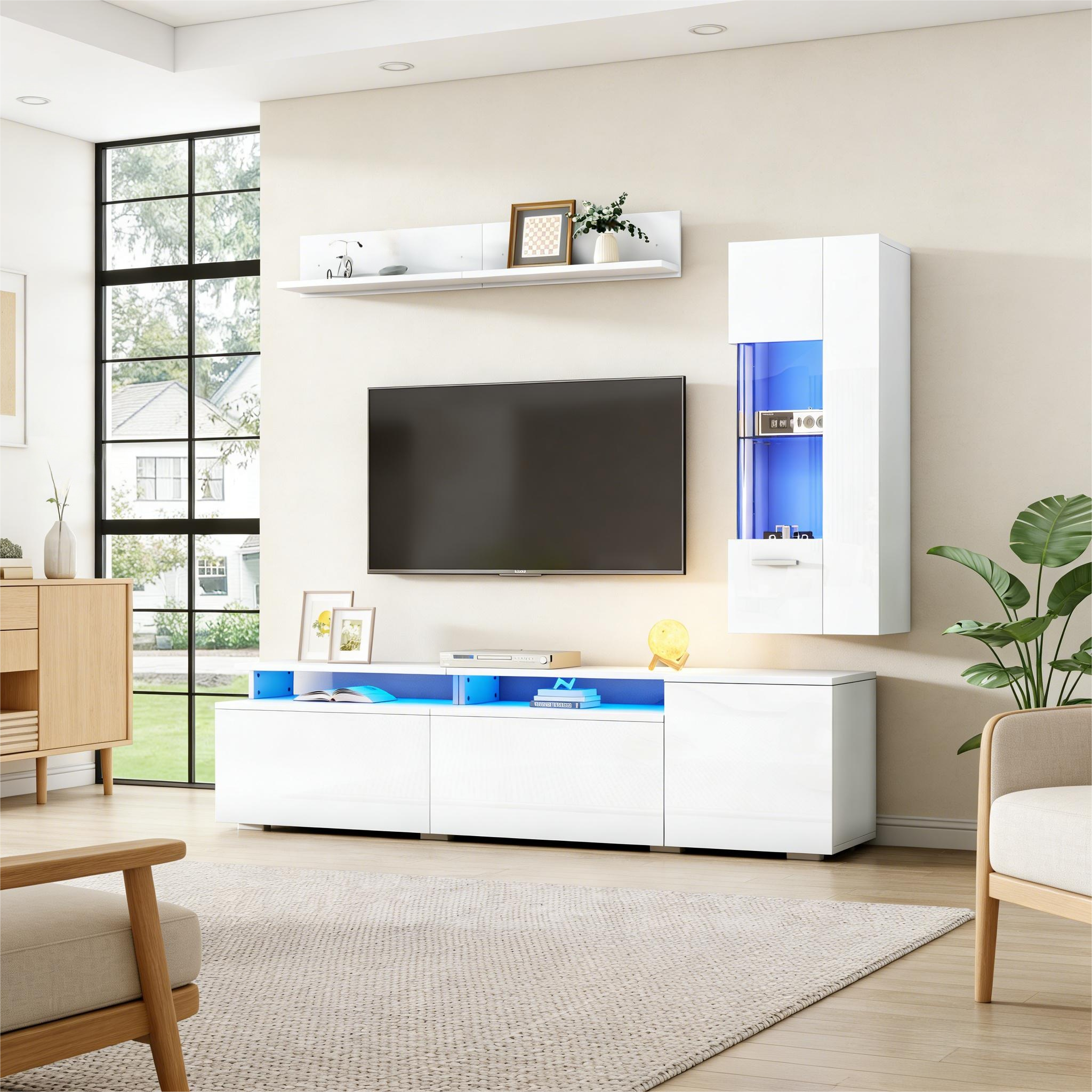 TV Wall Unit Set 3-Piece LED Lighting High Gloss Living Room Furniture Set Frontal Wall Unit 1 X TV Cabinet, 1 X Living Room Display Cabinet, 1 X Hanging Shelf, TV Up To 80' White