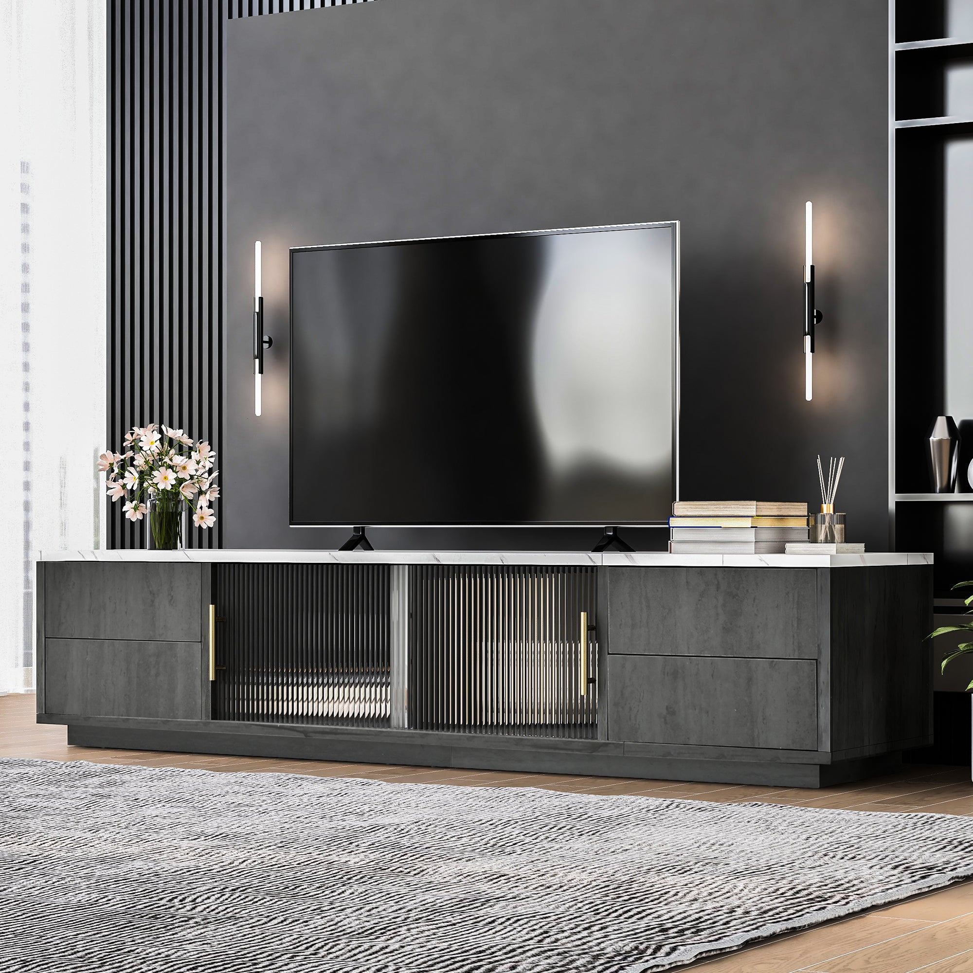60cm Deluxe TV Stand For 70 TV - Stylish Grey, Marbled Table Top, Cable Management, Drawers With Push-to-Open Funold