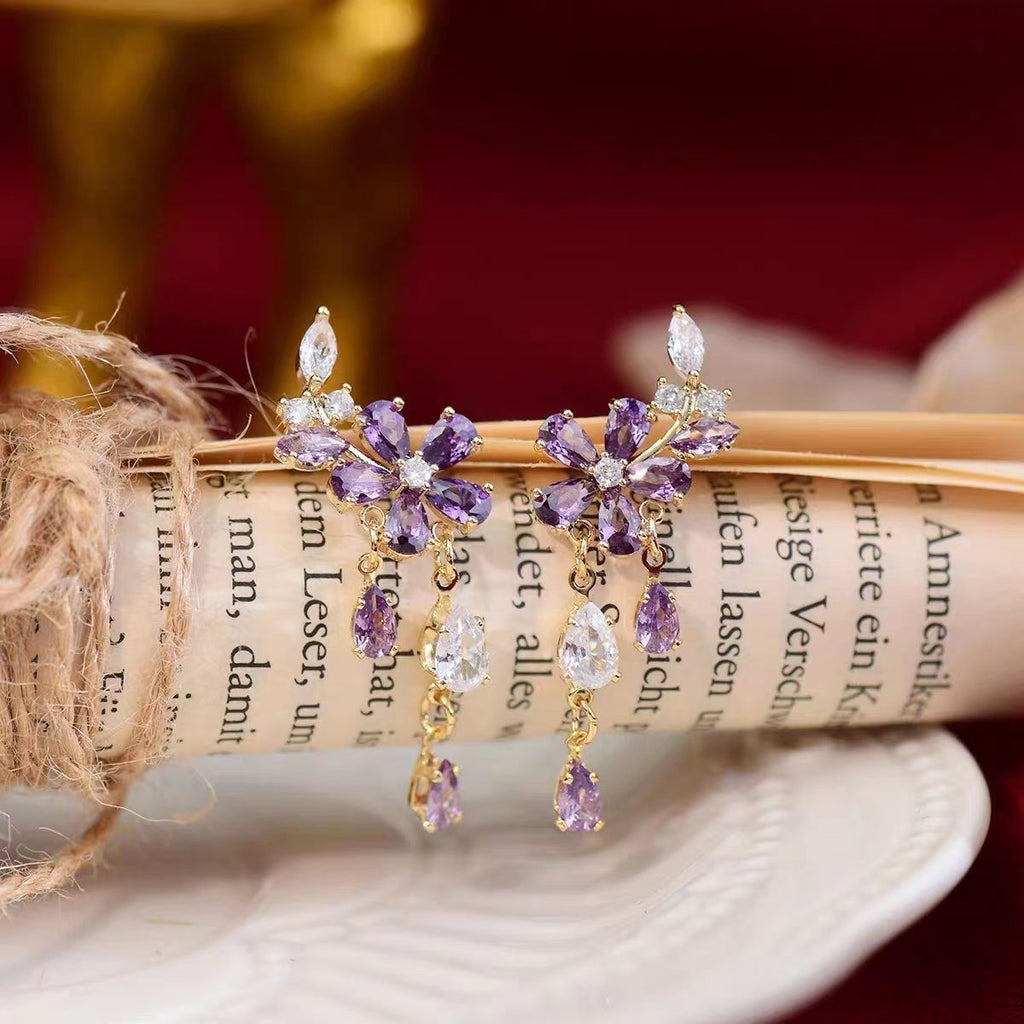 French Romantic Purple Petal Tassel Earrings, Crystal Teardrop Floral Leaf Design, Niche Light Luxury Elegant Dangle Ear Jewelry For Women