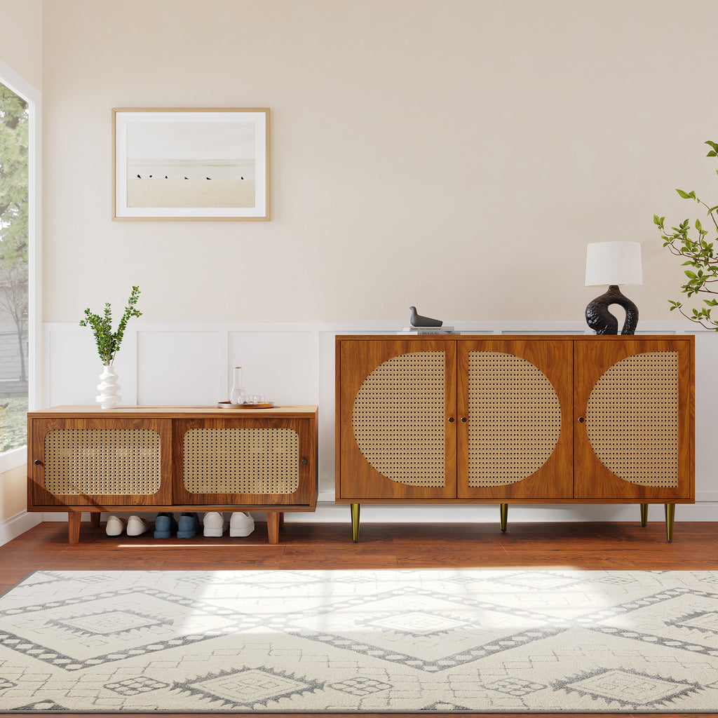 Rattan Sideboard Set For Living Room - Rattan Chest Of Drawers And Shoe Cabinet Combination, Walnut
