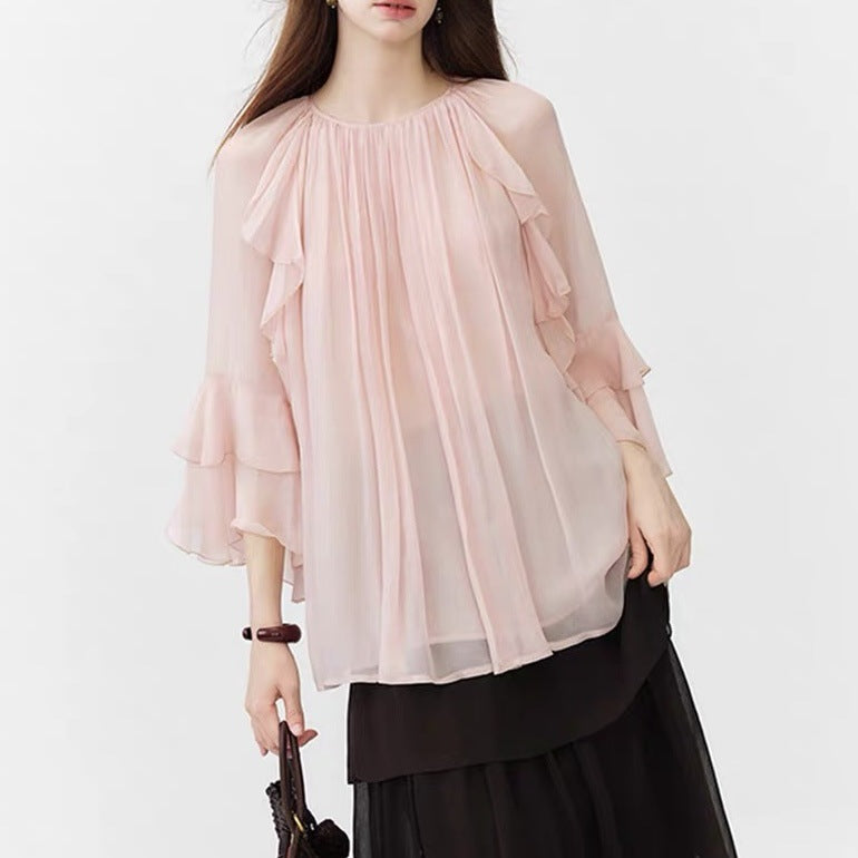 Womens Rayon Long-Sleeve Top With Lace Ruffle Trim