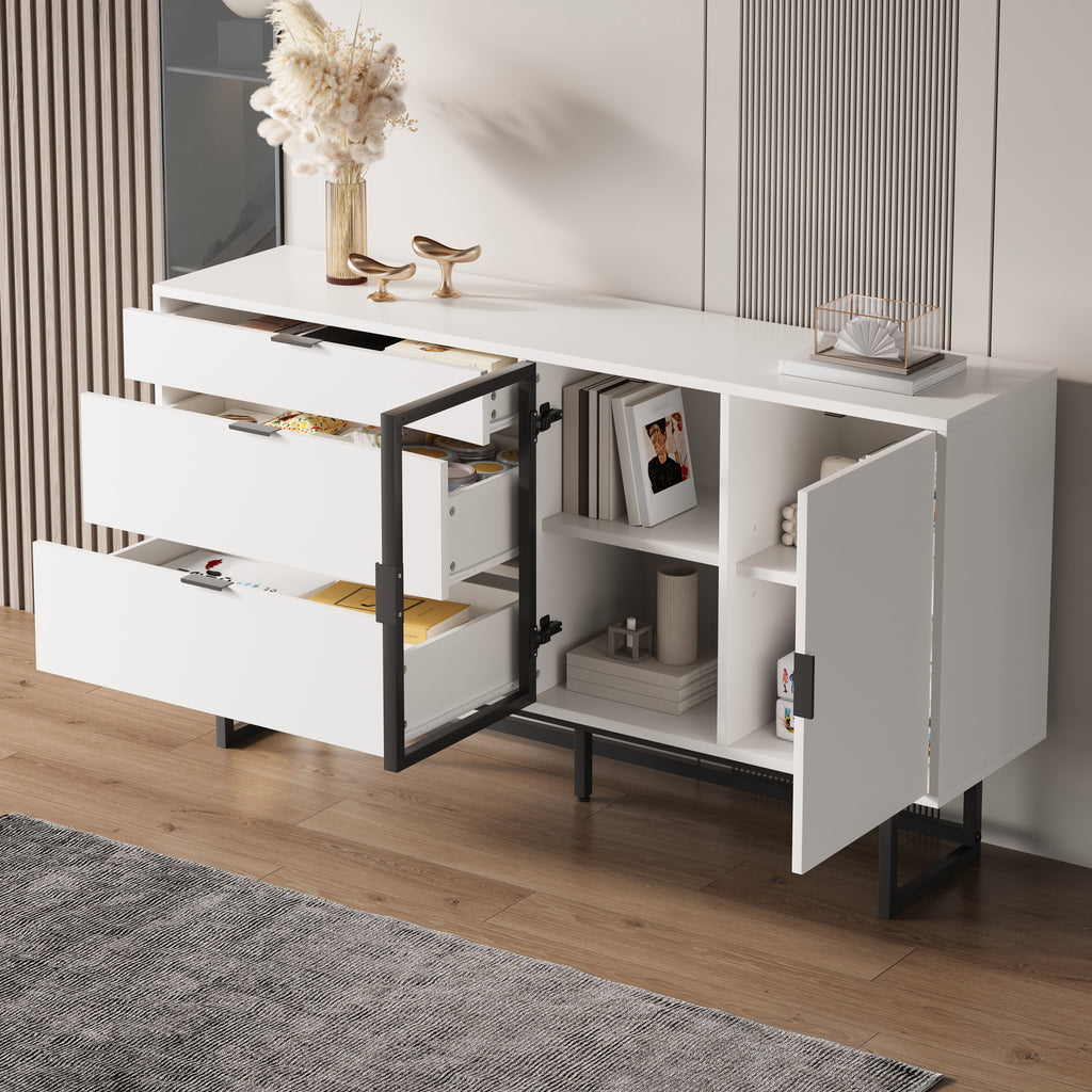 White Sideboard, Display Cabinet, Storage Cabinet, Modern Luxury Dining Cabinet, Three Drawers, Glass Doors, With LED Light Bar