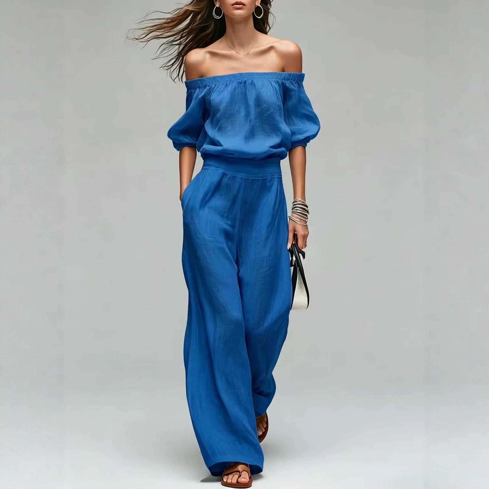 Cinched-top Blouse And Linen-textured Wide-leg Pants Set