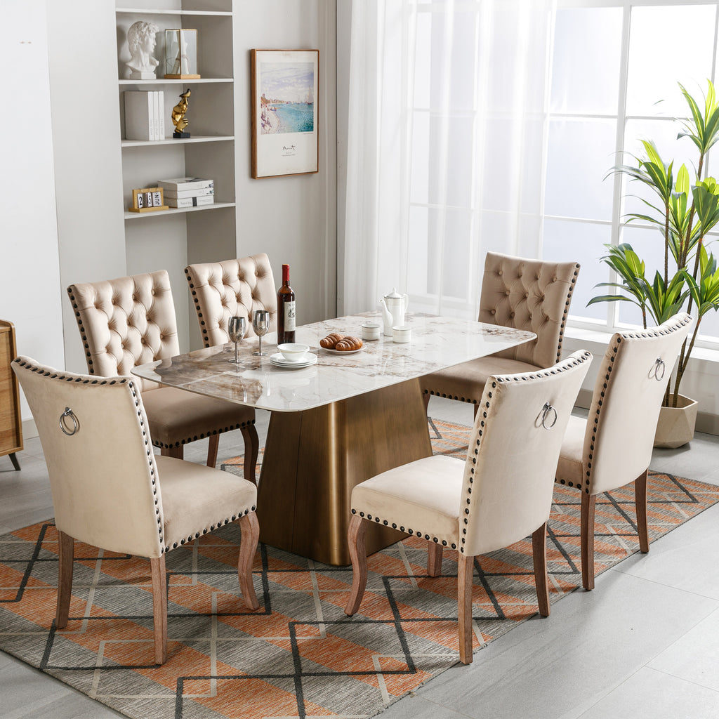 Dining Chair Kitchen Chair Living Room Chair With Unique Door Clamp On The Back, 6 Pieces, Upholstered Chair With Nail Head Occupation, Legs Made Of Solid Wood, Velvet Cover, Light C Amel