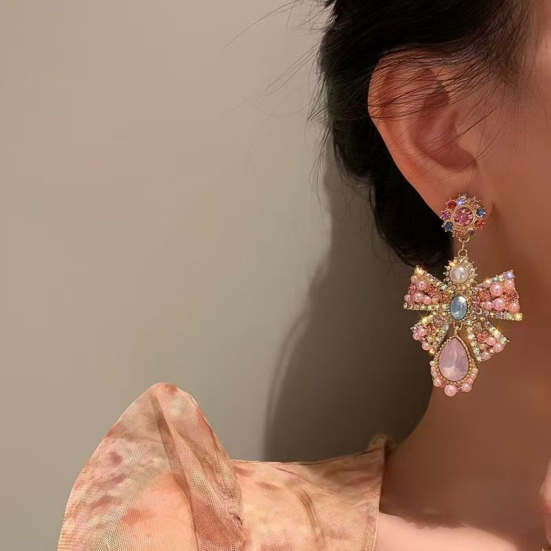 Pearl & Rhinestone Bow Floral Teardrop Stud Earrings For Women, French Retro  Style Elegant Dainty Ear Jewelry